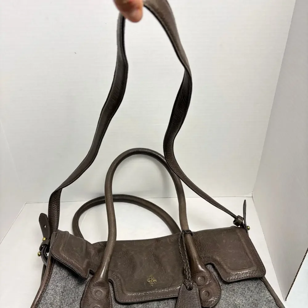 Cole Haan gray quilted purse, brown leather details, large satchel, charm¸